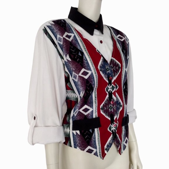 Vintage 1980s Tapestry Roll Tab Sleeve Button Down Faux Vest Shirt - Picture 8 of 15